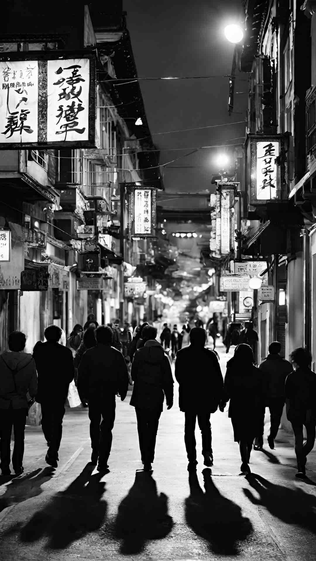 Group of people participating in a nighttime ghost tour in Chinatown, San Francisco, with a guide holding a lantern and storytelling near a historic alley.