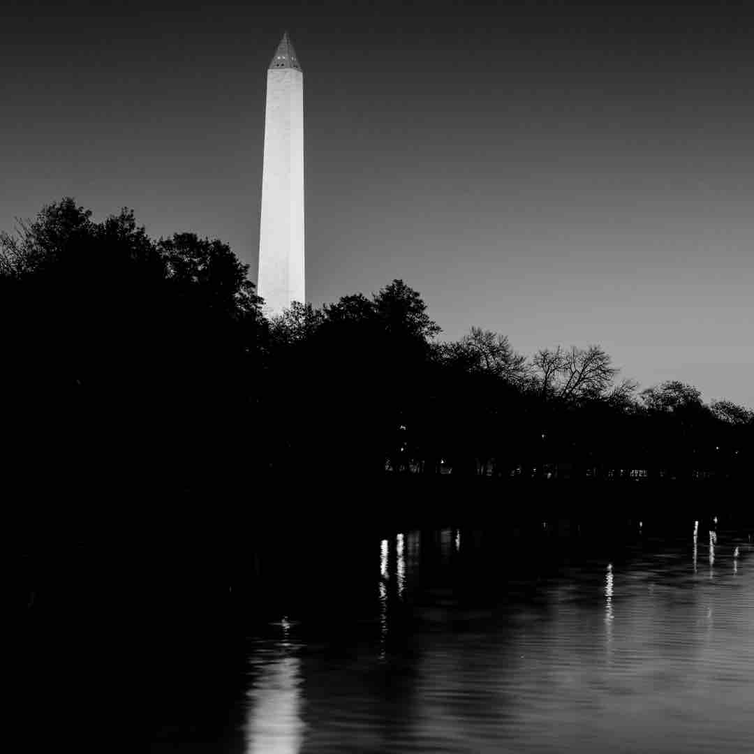 "An eerie image of the DC Tidal Basin shrouded in mist, with gnarled trees and dimly lit monuments casting ominous shadows. The spooky ambiance hints at the haunting mysteries lurking within the historic landmark.