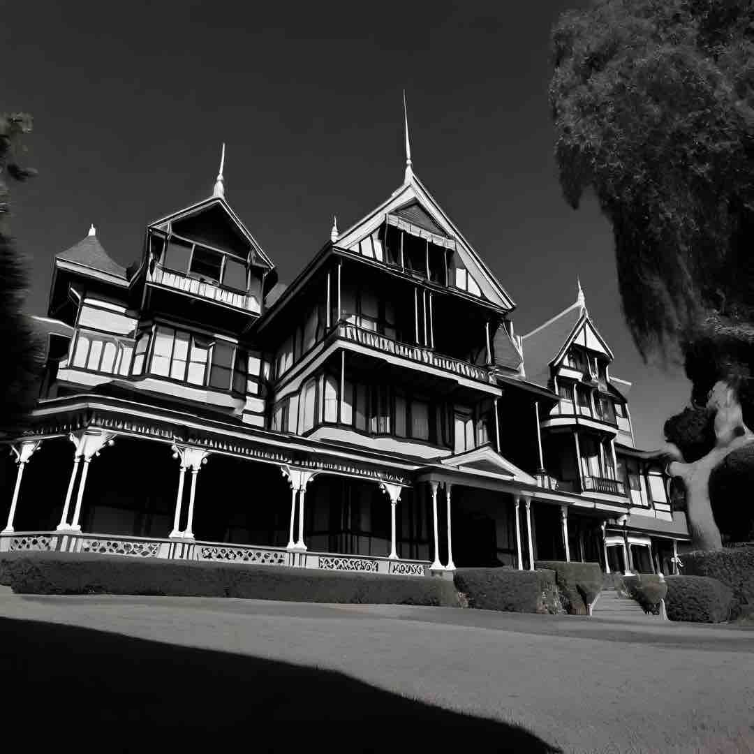 Artistic rendition of the sprawling and mysterious Winchester Mystery House.