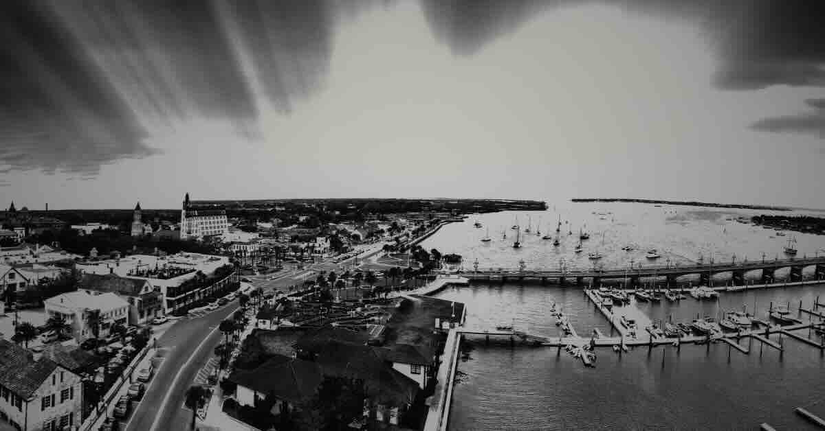 Aerial view of St. Augustine, Florida, showcasing historic buildings and streets haunted by the ghosts of St. Augustine, Florida.