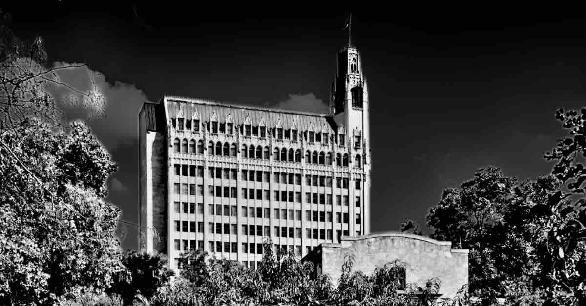 The Gothic Revival exterior of the haunted Emily Morgan Hotel, showcasing its historic architecture and eerie, imposing presence in San Antonio.