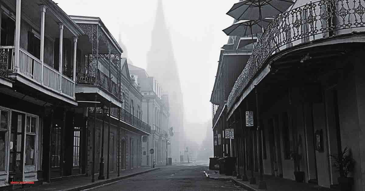 "Haunted hotel in New Orleans Louisiana: A historic street in the French Quarter, with ornate balconies and old-world charm."
