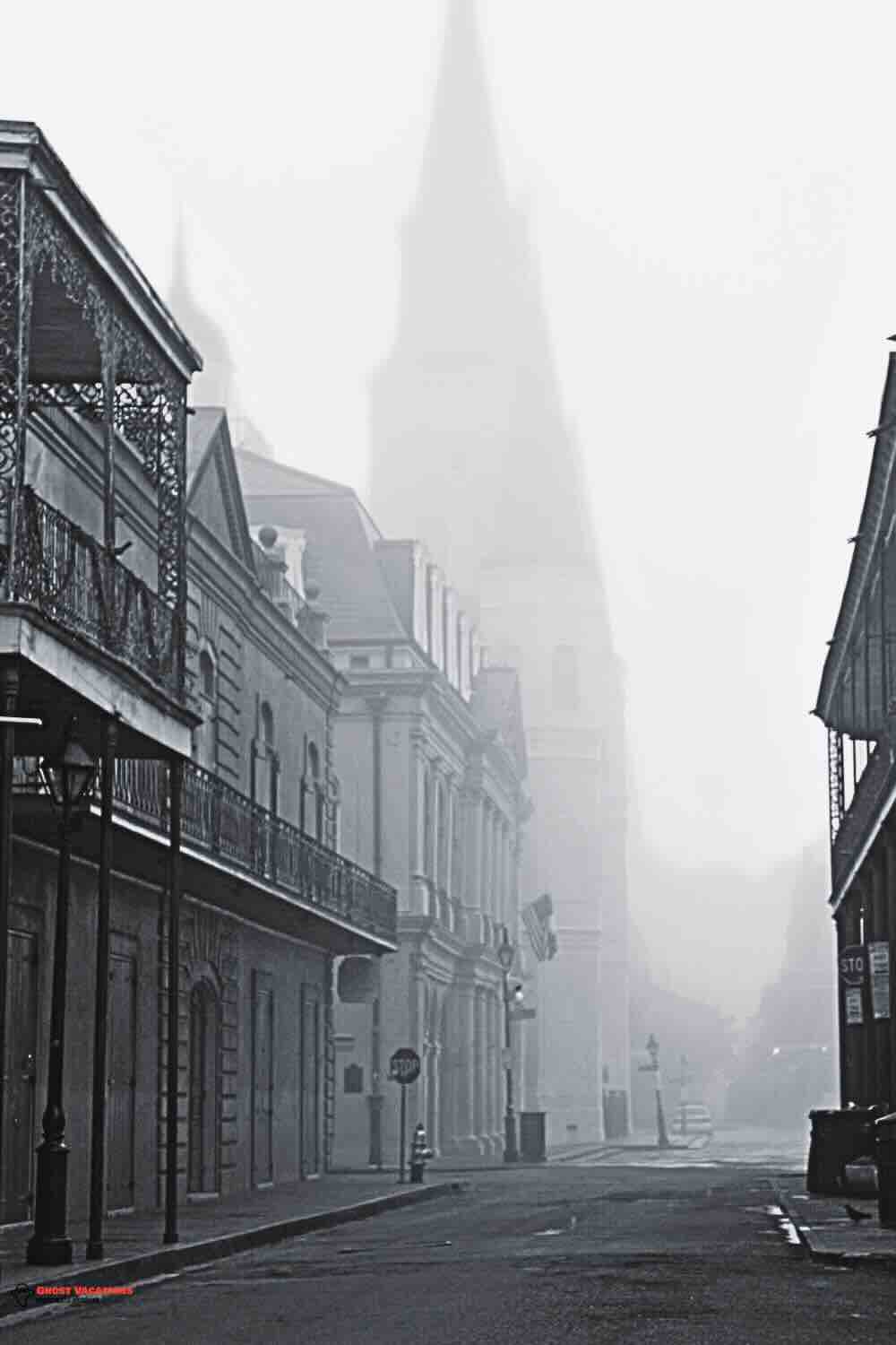 "French Quarter: A haunted hotel in New Orleans Louisiana, featuring iconic architecture, bustling streets, and a rich, ghostly history."