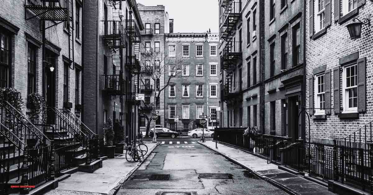 A hauntingly quiet street scene in Greenwich Village, capturing the historic charm and eerie atmosphere explored on the NYC Gangsters and Ghosts Tours.