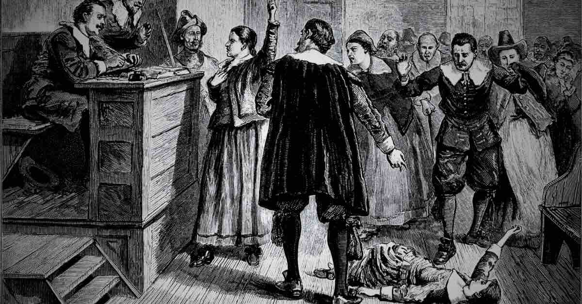 "Drawing of the Salem witch trials featured in witch tours in Salem, depicting accused witches in a courtroom scene."