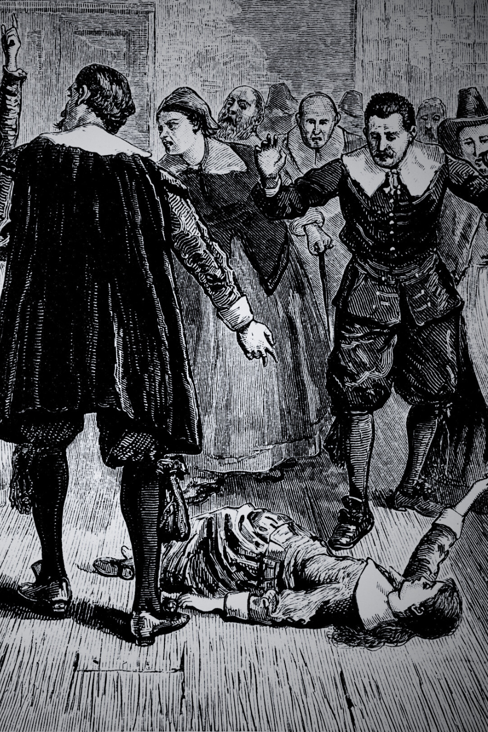 "Illustration of the Salem witch trials, showcasing a courtroom scene included in witch tours in Salem."