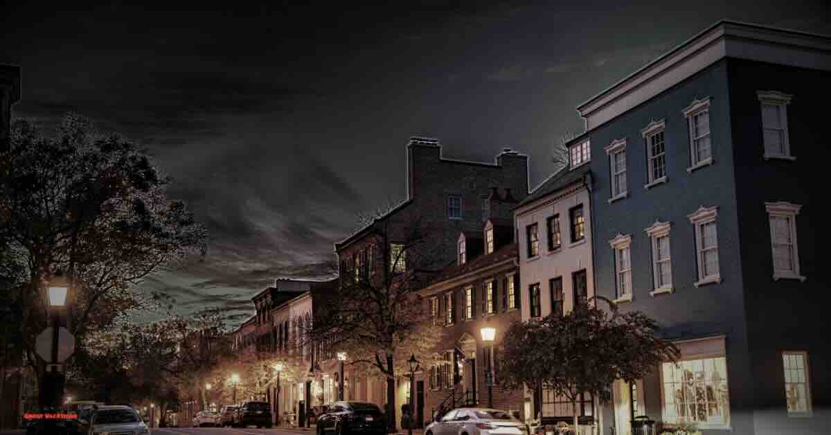 Old Town Alexandria street scene, perfect setting for ghost tours in Alexandria, VA, showcasing historic buildings and cobblestone paths.