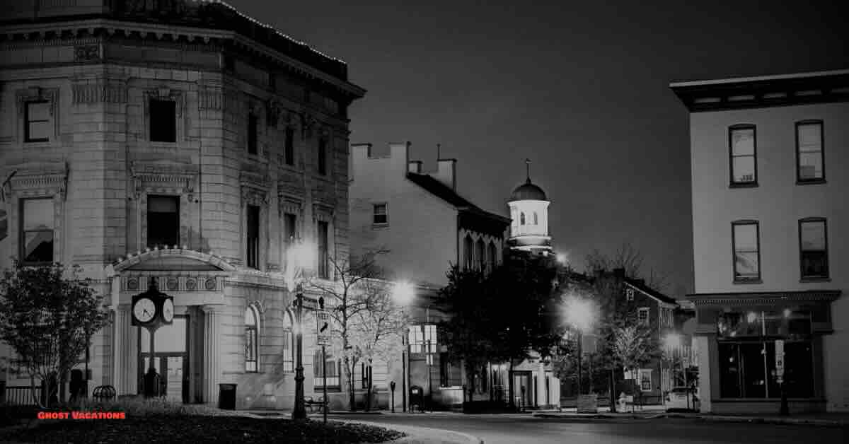 Downtown Gettysburg at dusk, the starting point for the ghost hunt in Gettysburg, highlighting historic streets and buildings known for their paranormal activity.