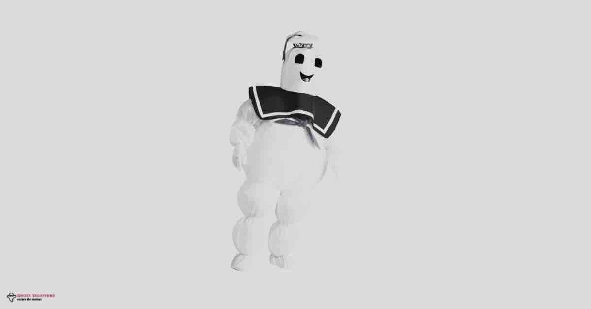 "Individual dressed in a Stay Puft Marshmallow Man outfit, showcasing a popular Ghostbuster costume."