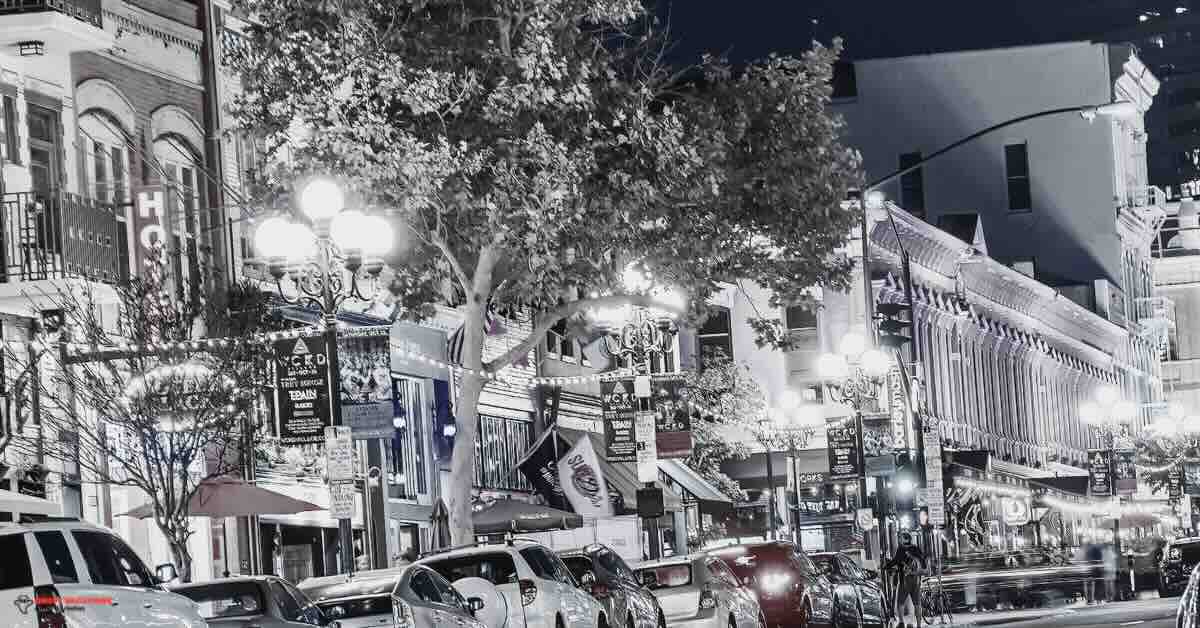 "San Diego Gaslamp District at night, perfect setting for haunted ghost tours in San Diego."