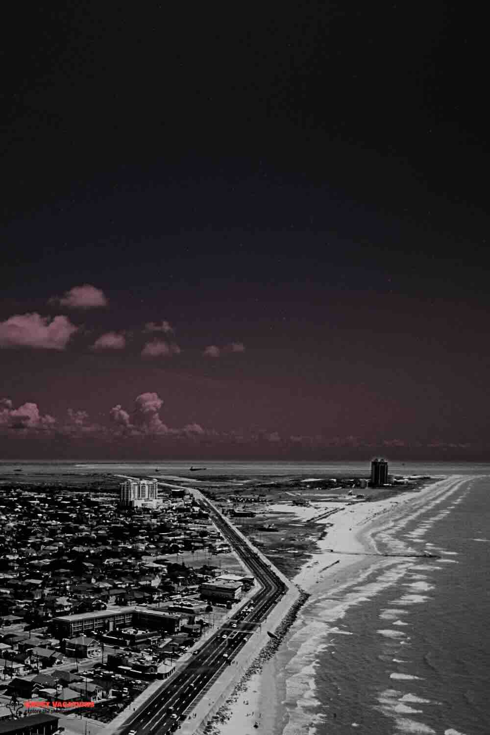 "Scenic Galveston coastline near historic landmarks and haunted hotels in Galveston."