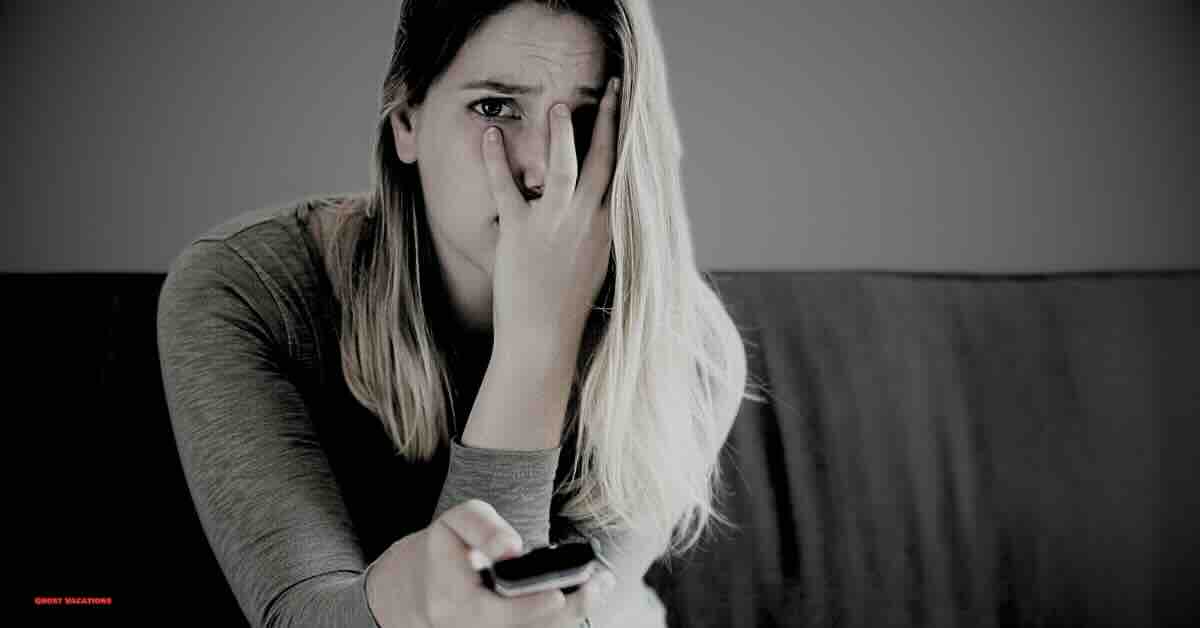 A woman watching TV, deeply engrossed in Jack Osbourne TV shows, with "Fright Club" featuring Jack and the Ghost Brothers investigating paranormal activities.