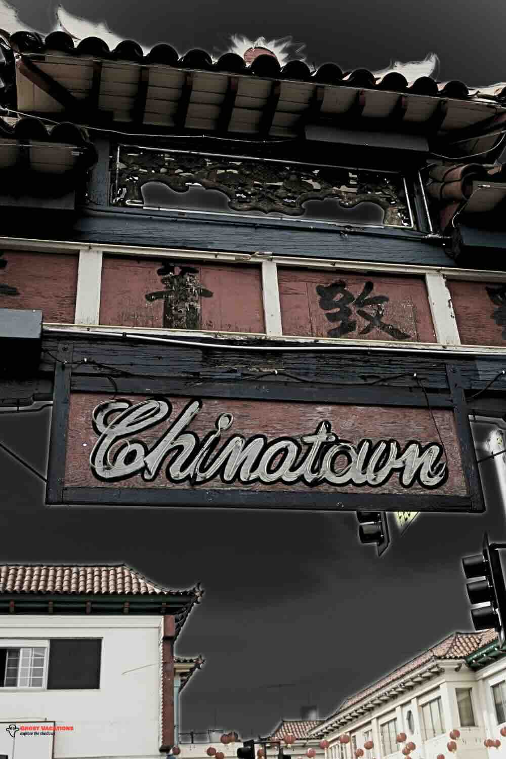 Chinatown's neon-lit Central Plaza at night, a highlight of the Los Angeles Ghost Tour, known for its haunted history and paranormal activity.